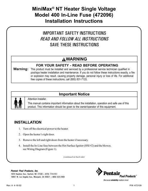 pentair mastertemp 400 owners manual