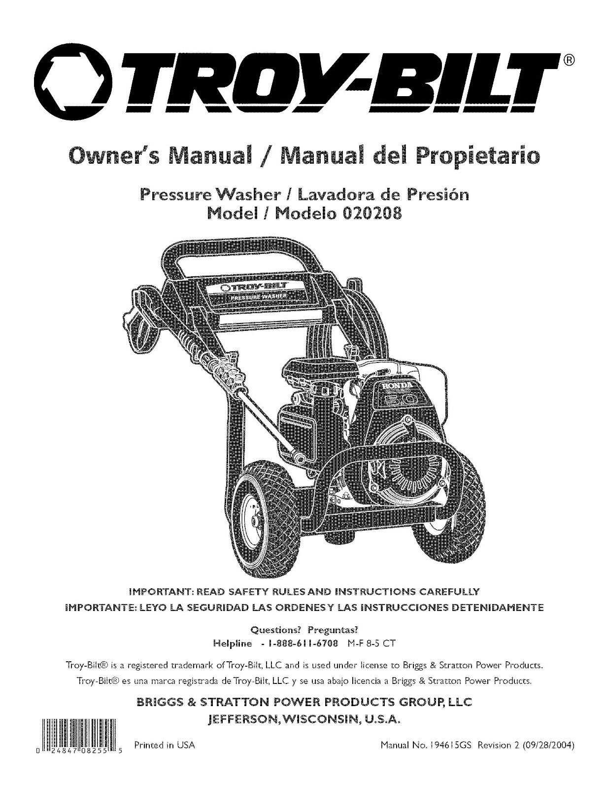 troy bilt 2700 pressure washer owners manual