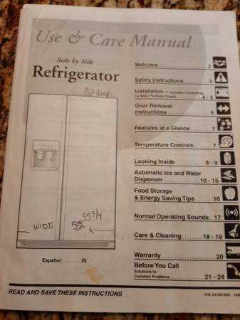 frigidaire side by side refrigerator owners manual