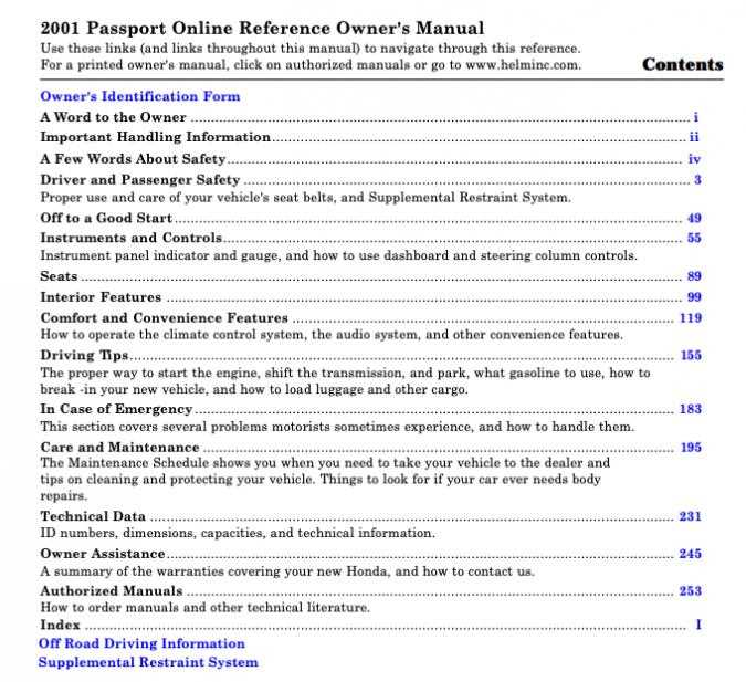 2001 honda passport owners manual