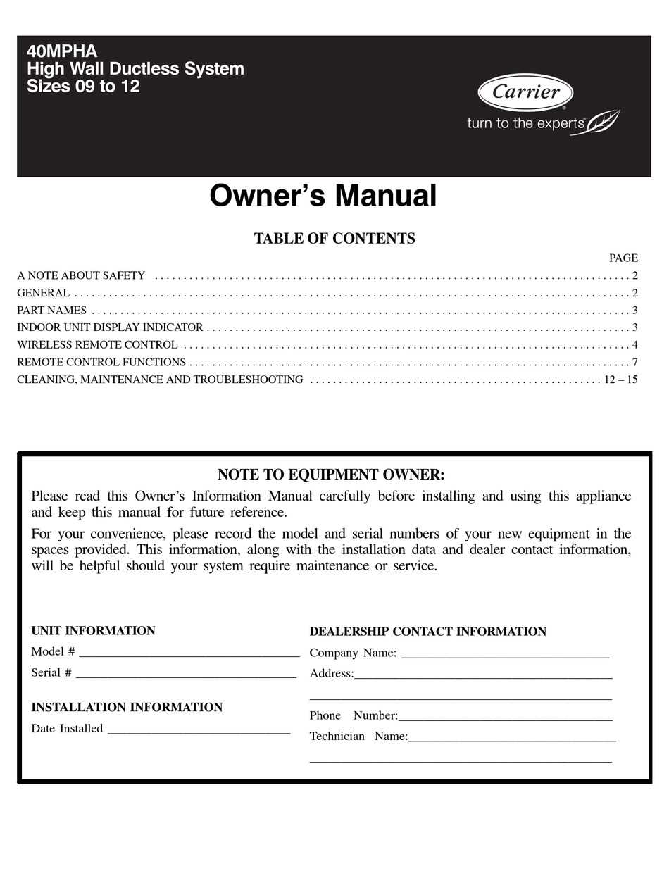 carrier 40mhh owners manual